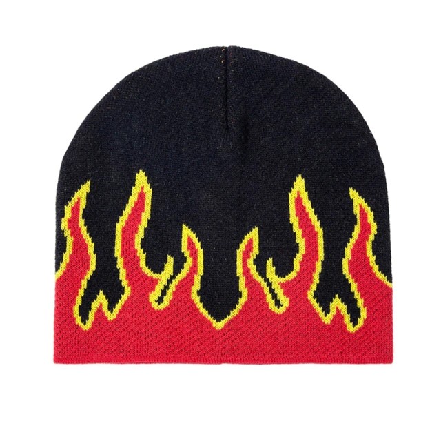 China Fashion Fire Design Knit Beanie Hats Woven Label Character Style wholesale
