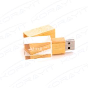 China Engraving Logo Rectangle Crystal USB Stick , Acrylic Wood USB Flash Drive with Blue Light wholesale
