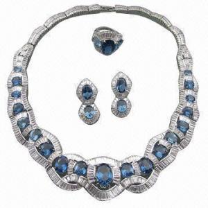 China Sterling Silver Jewelry Set, Made of Cubic Zircon with Sapphire Semi-precious Stones, Silver Jewelry wholesale