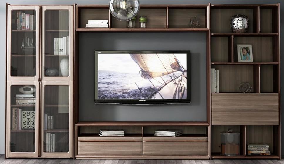 China 2017 New Walnut Wood Furniture Design Living room Combined TV Wall Units by Tall Cabinets and Floor stand & Hang Racks wholesale