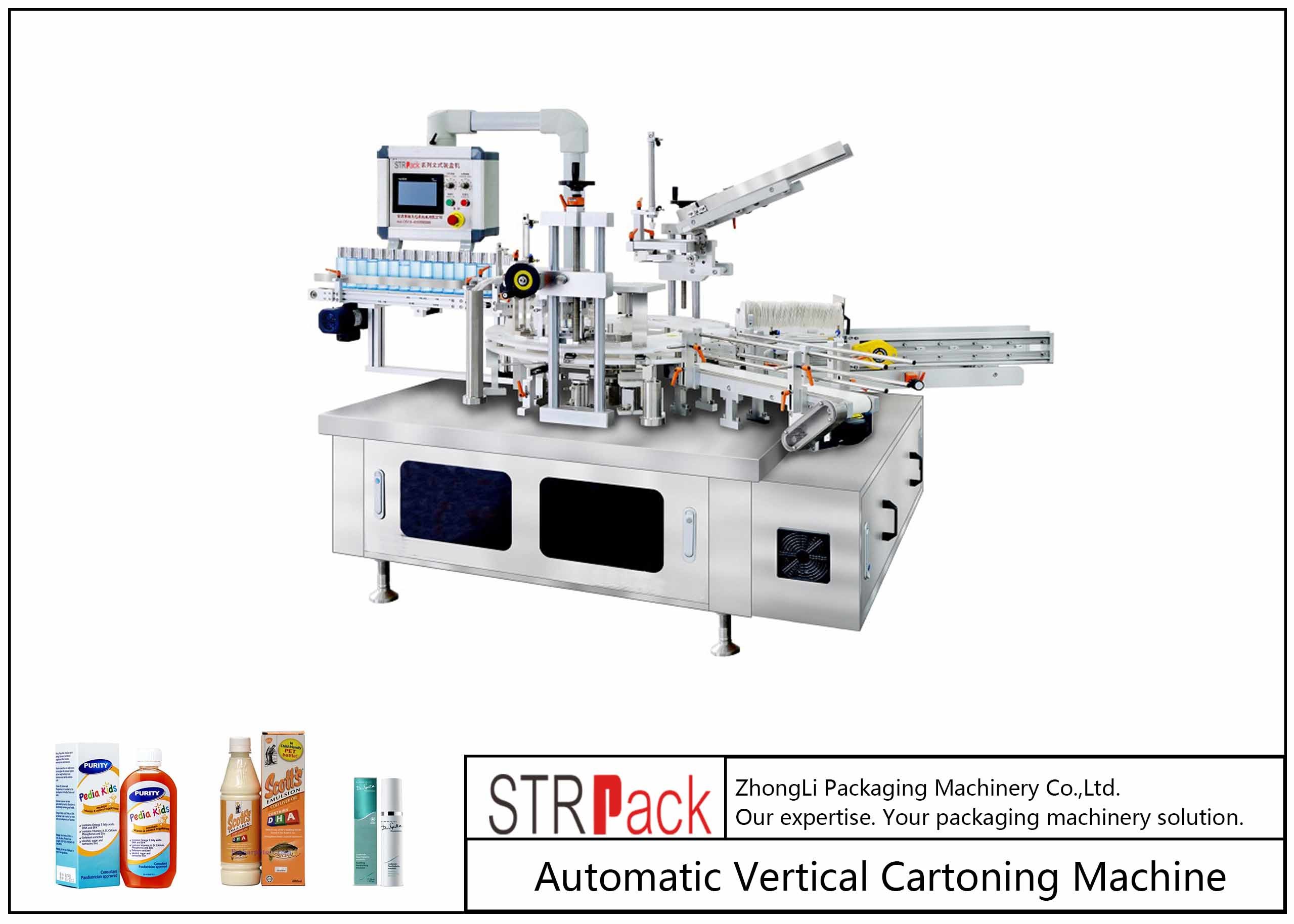 China PLC Control Pneumatic Vertical Cartoning Machine For Bottles 60BPM High Speed wholesale