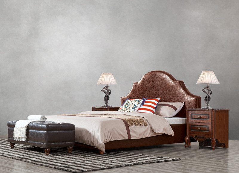 China American leisure style Split Leather Upholstered Headboard Kind Bed with Wooden Furniture for Villa house Bedroom used wholesale