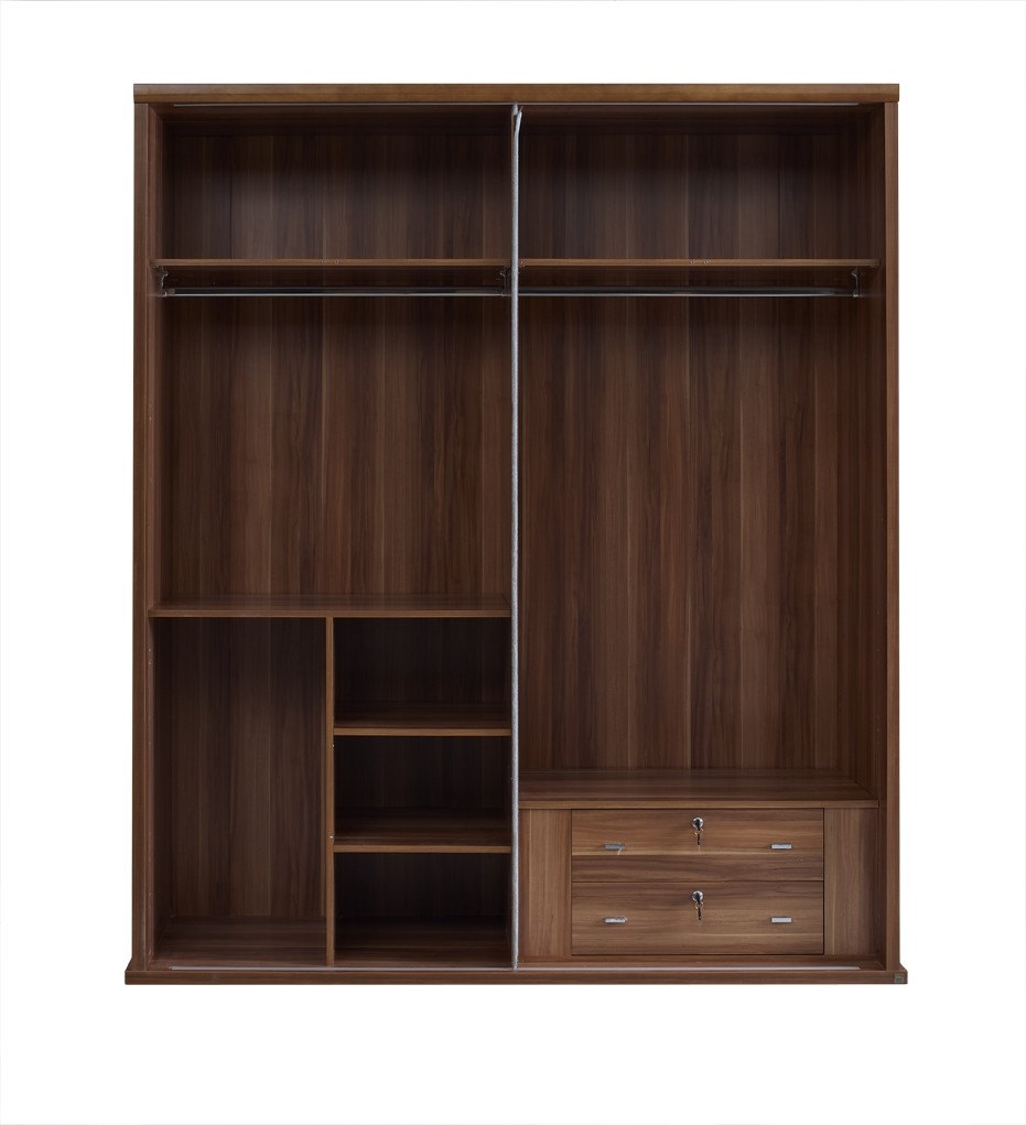 China Wood Panel Custom In-wall Cloth Wardrobe cabinet with adjustable shelves and trousers rack storage inner drawers in lock wholesale
