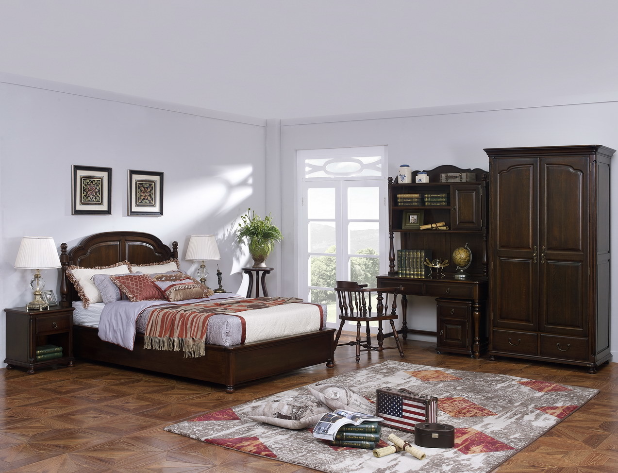 China American Leisure Antique Design Single bedroom furniture Small bed with writing Desk and Bookcase and 2 door wardrobe wholesale