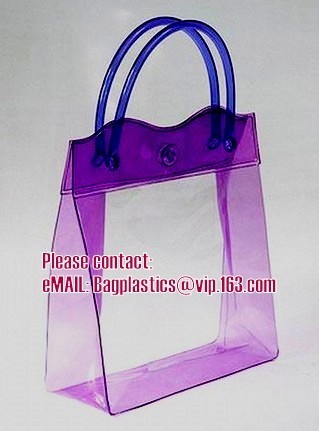 China clear pvc packaging bag with handle for wine, vinyl pvc zipper gift tote bags with handles, gift bag with plastic snap wholesale