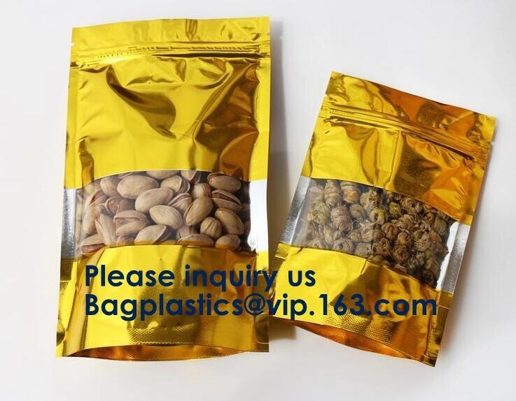 China 3 Side Seal Metallized Foil Inside Stand Up Zipper Plastic Bags/ Glossy Gold Printing Flat Foil Pouch Bagease Bagplastic wholesale
