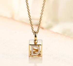 China 0.03ct 18K Yellow Gold Diamond Necklace A-Z Initials 3D Cube wholesale