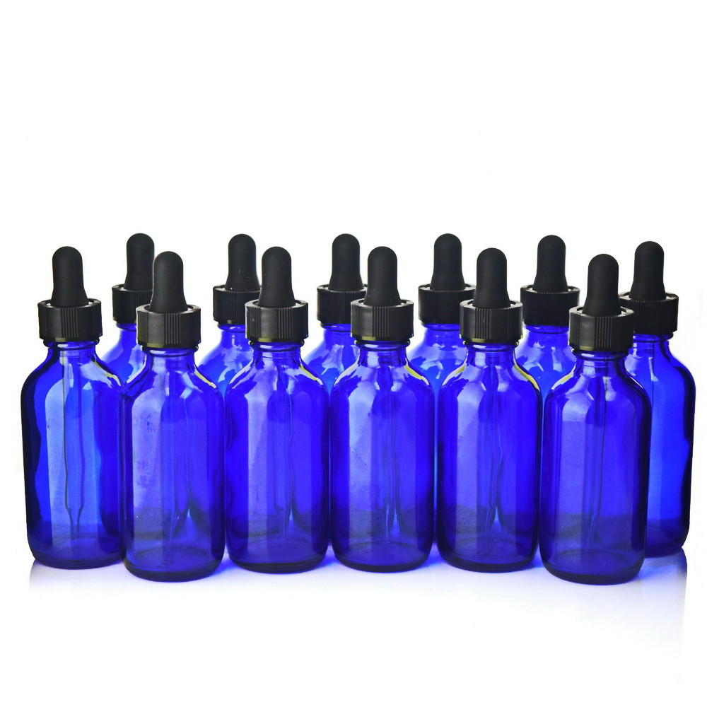 China Blue Glass Dropper Bottles With Round Bottom And Black Child Resistant Cap wholesale