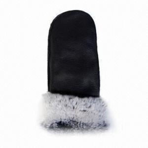 China Women's Mitten Leather Gloves with Rabbit Fur Decoration wholesale