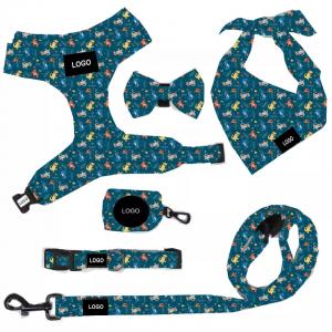 China Nylon Pet Harness Leash Collar Set Six Piece Exquisite Sets With Chest Strap Bow Square Scarf Suits wholesale