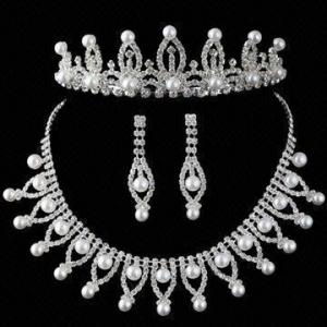 China Jewelry Set with Rhinestones/Pearl, Bridal Tiara Crown/Necklace/Earrings Set, Ideal Pearl Jewelry wholesale