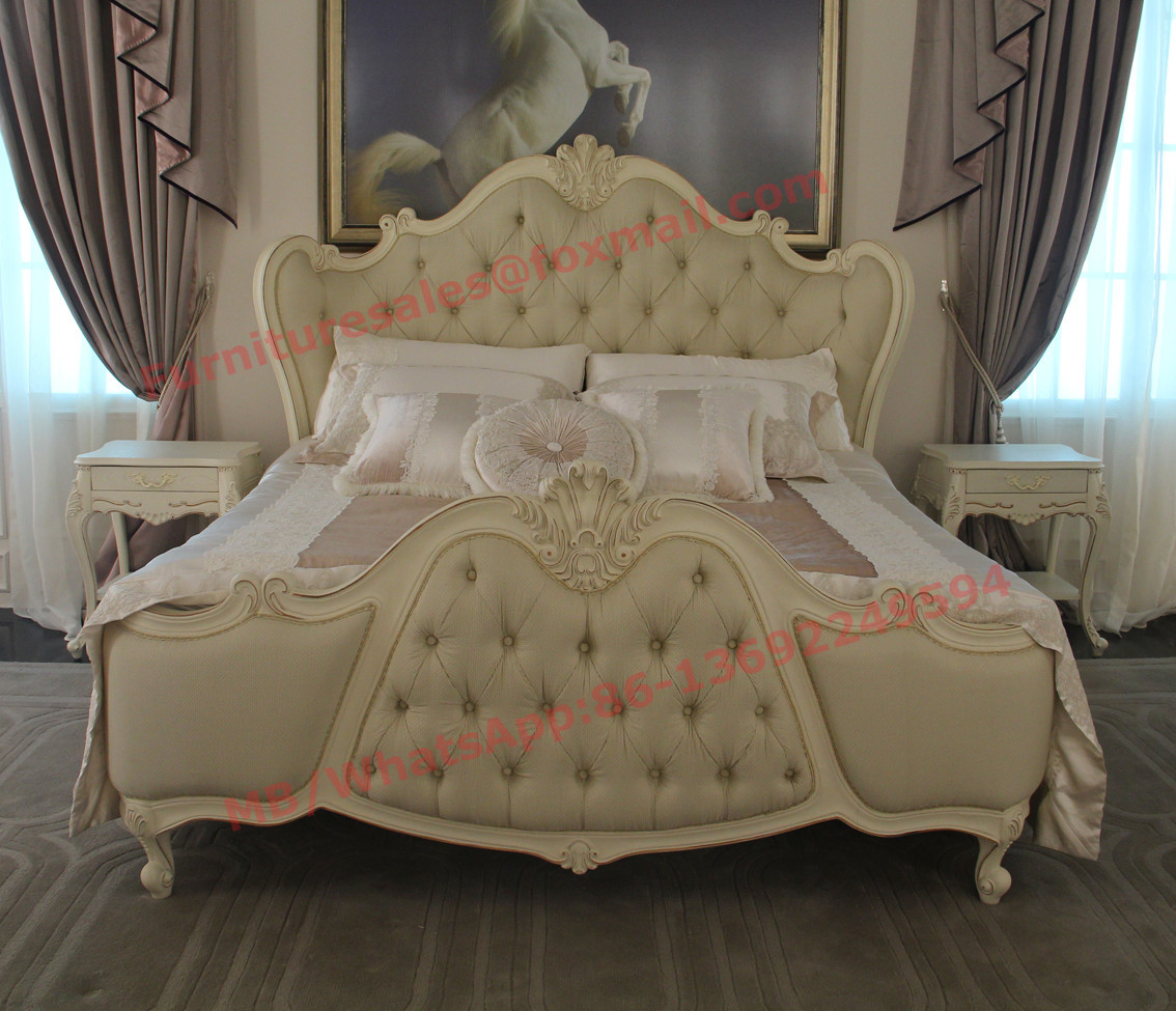 China Exquisite Fabric Padding Headboard with Solid Wood Bed in Ivory White Painting wholesale