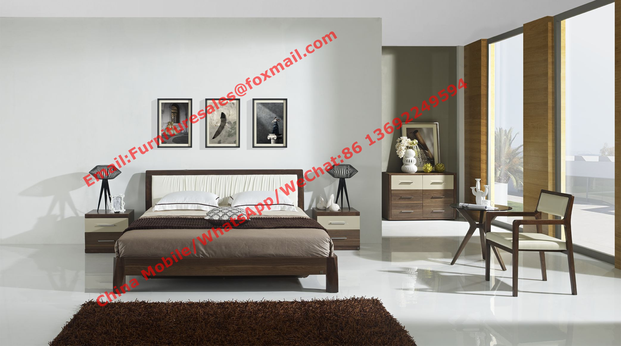 China Classic Walnut wooden bedroom set by leather headboard and Flat Bedstead for mattress wholesale