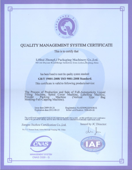 ZhongLi Packaging Machinery Co.,Ltd. Certifications