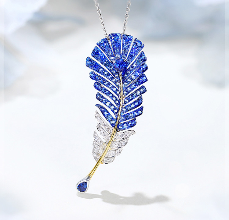 China Brooch Sapphire Virgo Necklace 0.25ct Diamond Feather Pendant wholesale