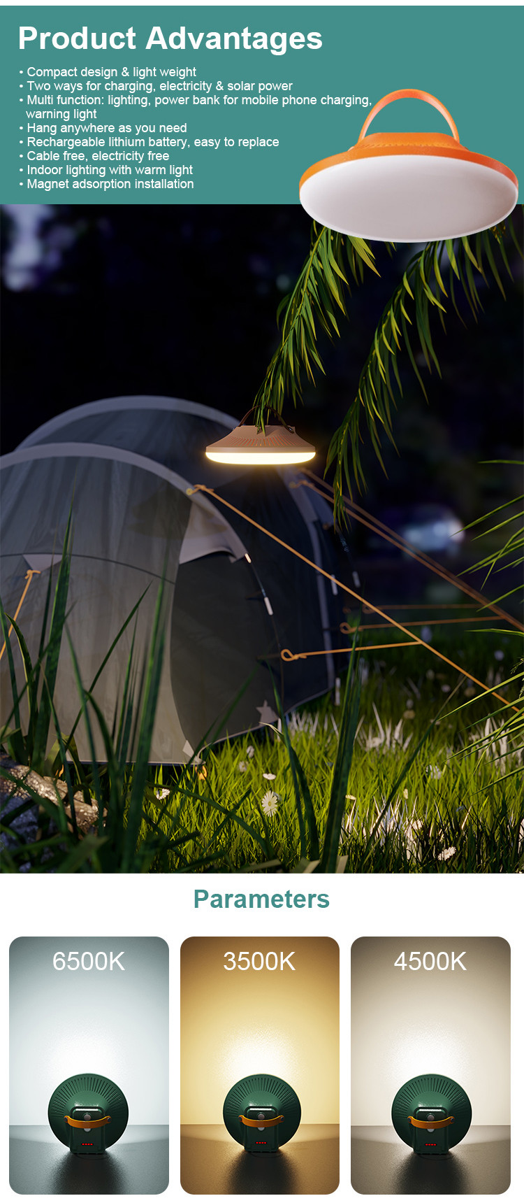 Magnet Adsorption Solar Camping Lights Waterproof Portable Solar Charging Camping Light