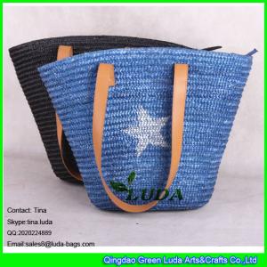 China LUDA 2015 summer wheat straw tote bag navy blue leather handbag on sale
