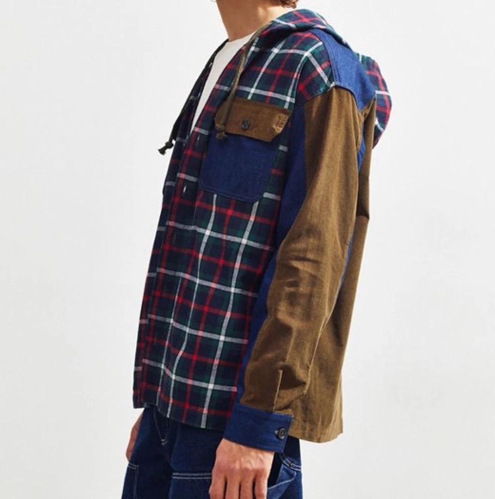 100% Cotton Mens Fashion Casual Shirts Full Sleeve With Blocked Hooded