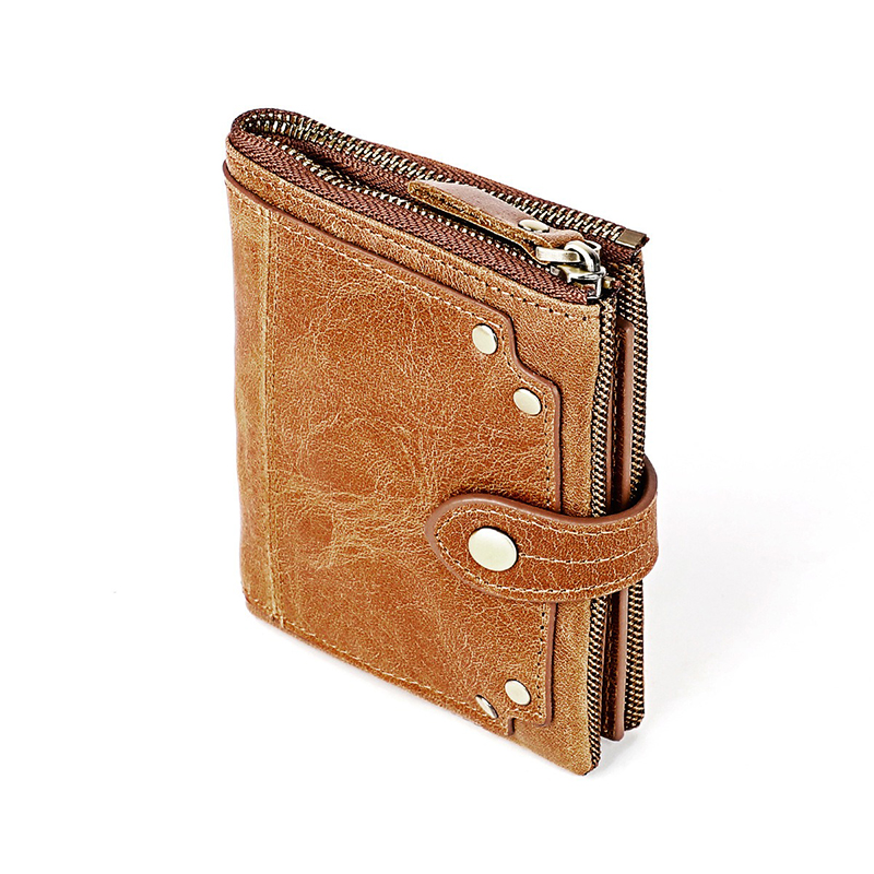 Crazy Horse Cowhide Leather Wallets Short Men's Purse with Zipper and Stylish Design