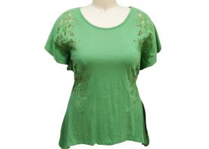 Ladies Short Sleeve T Shirts , Womens Green Shirt Blouse Hollow Embroidery Lace Inside