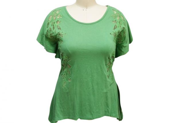 Quality Ladies Short Sleeve T Shirts , Womens Green Shirt Blouse Hollow Embroidery Lace Inside for sale