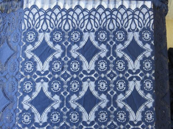 Beautiful Deep Blue Geometric Cotton Nylon Stretch Lace Fabric / Lace Curtain