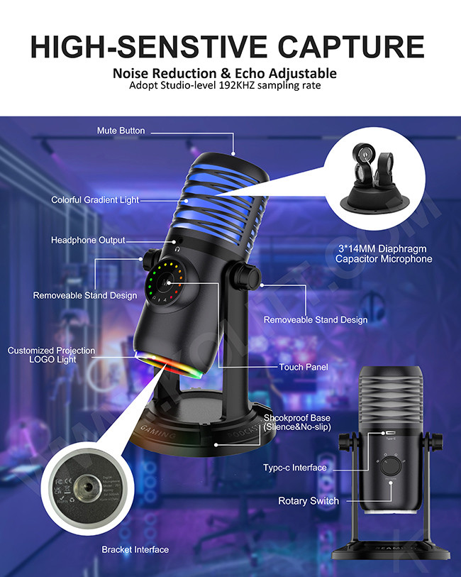 RGB Gaming Mic 48Khz Podcast Studio Microphone For Streaming