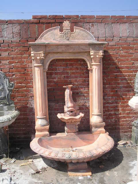 Pink Marble Fish Statue Columns Carved Stone Wall Fountain
