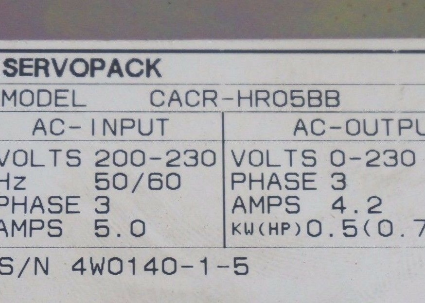 YASKAWA CACR-HR05BB SERVO CONTROLLER 4.2/5A 200/230V 3PH 50/60HZ