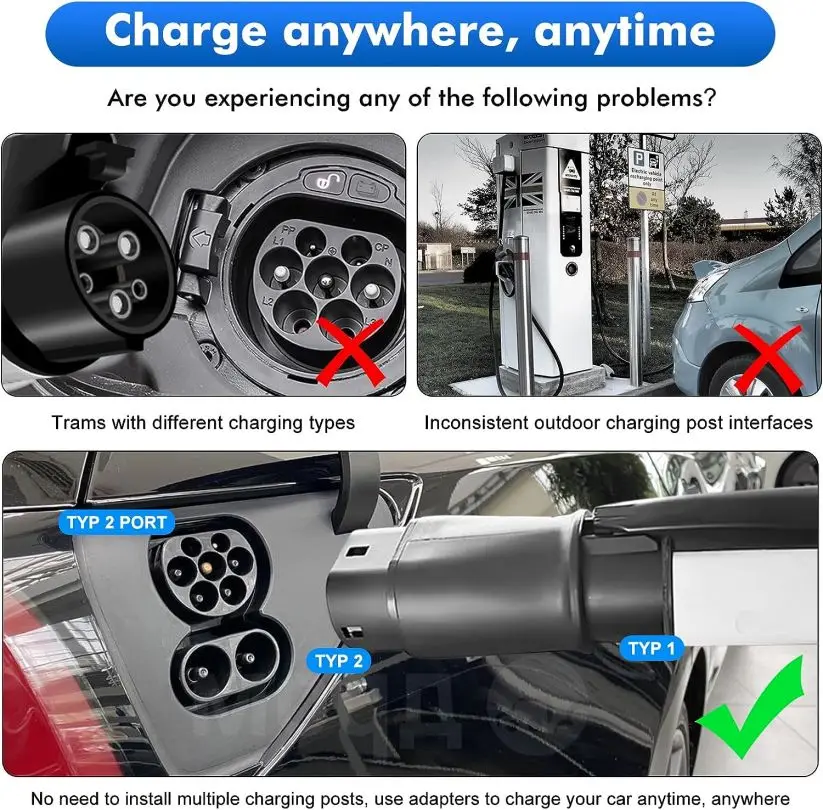 EVSE Adaptor 16A 32A Electric Vehicle Car EV Charger Connector Type 1 To Type 2 EV Adapter