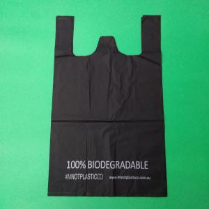 China 100% biodegradable and compostable Starch T-shirt bag, black color, size 0.025mm x (30+15)x50cm, withstand 5kg wholesale