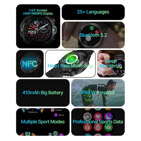 ODM Tough Rugged Outdoor Smartwatch For Work 410mAh