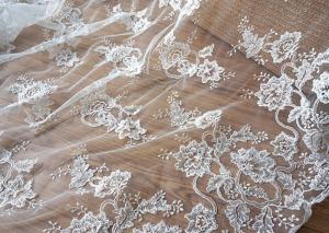 China Off White Wedding Dress Tulle Lace Fabric , Embroidery Beaded Ivory Bridal Lace Fabric wholesale