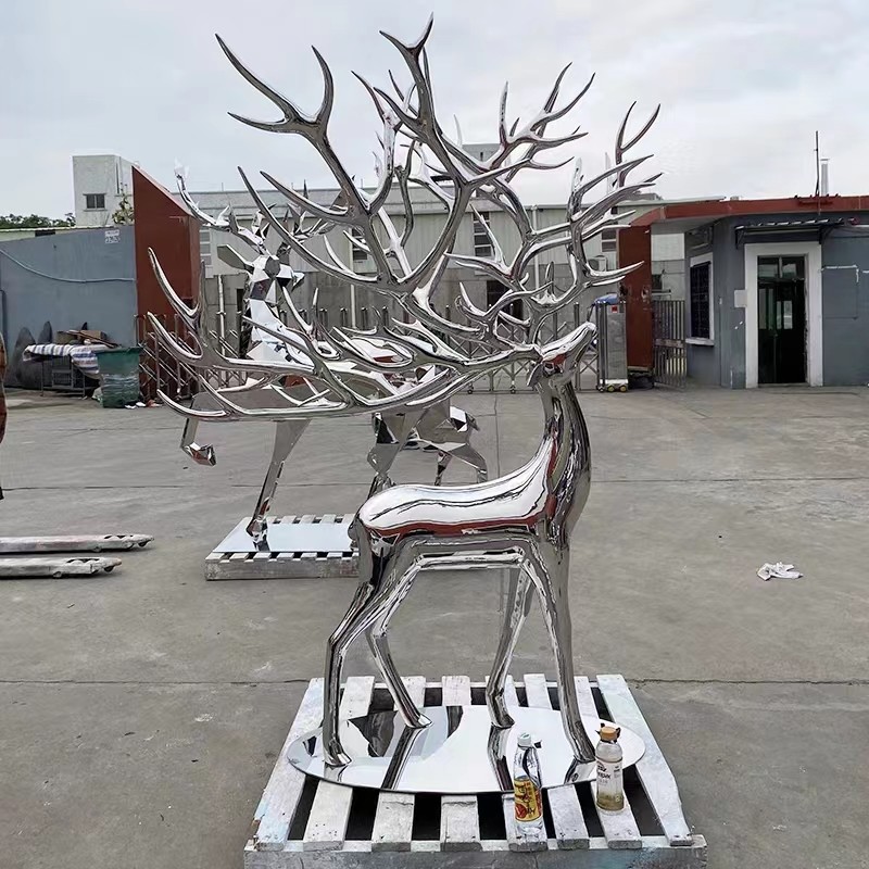 Hotel Decor Deer Stainless Steel Mirror Sculpture Garden Scenic Courtyard Park