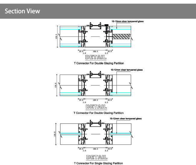 Hot selling acoustic full view frameless glass wall parition 108mm thickness Aluminum frame+glass double panel