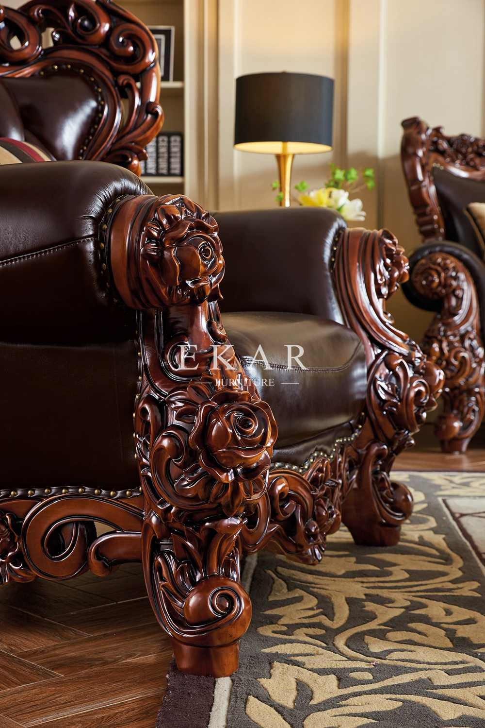 Oak Wooden Carving Design Royal Luxury Living Room 7 Seater Leather Sofa Set