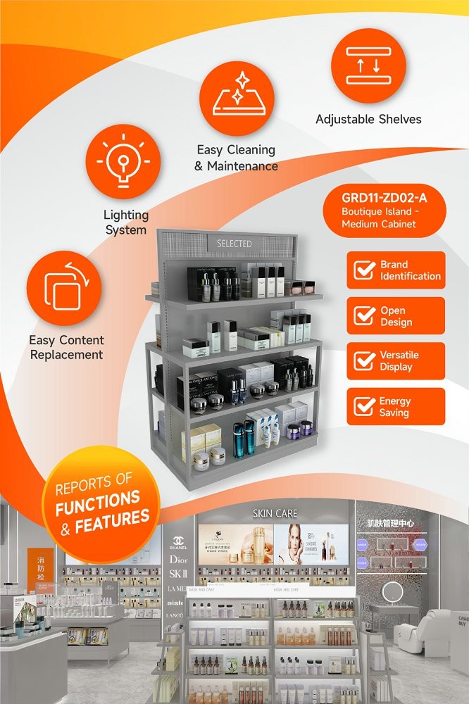 GDR11-ZD02-A Cosmetics Retail Display with LED Light Strips and T-Pillars and Power Tracks for Retail Stores