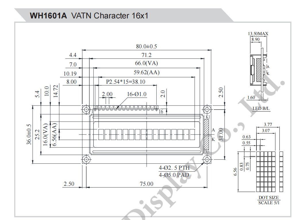 16*1 Character Monochrome SPI Interface Wide Temperature VATN LCD Module