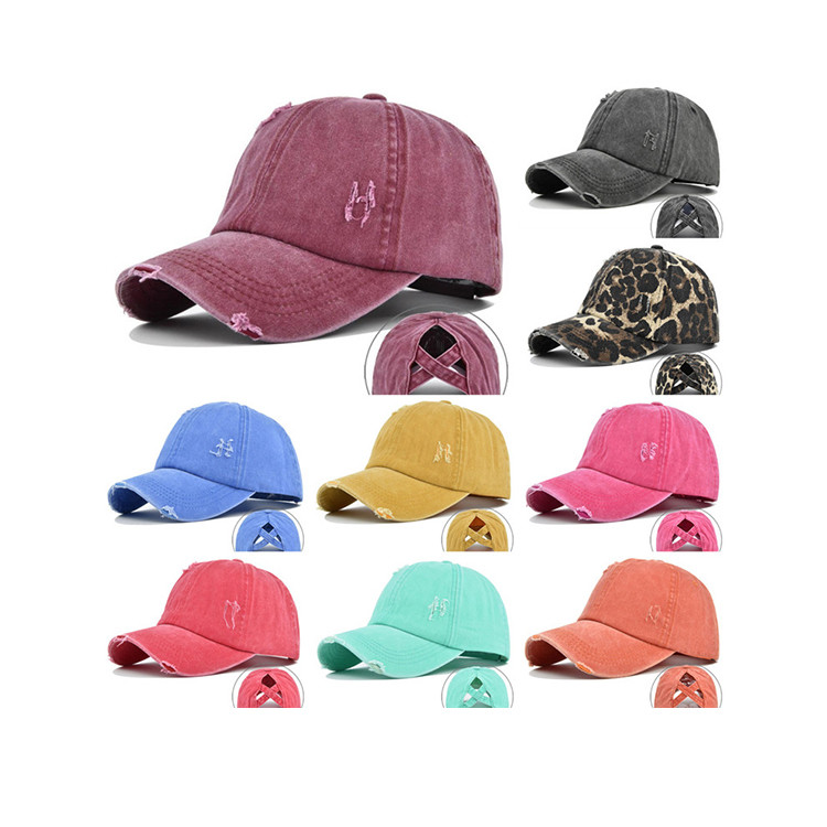 Women'S Washed Distressed Cotton Denim High Ponytail Hat Adjustable Baseball Cap