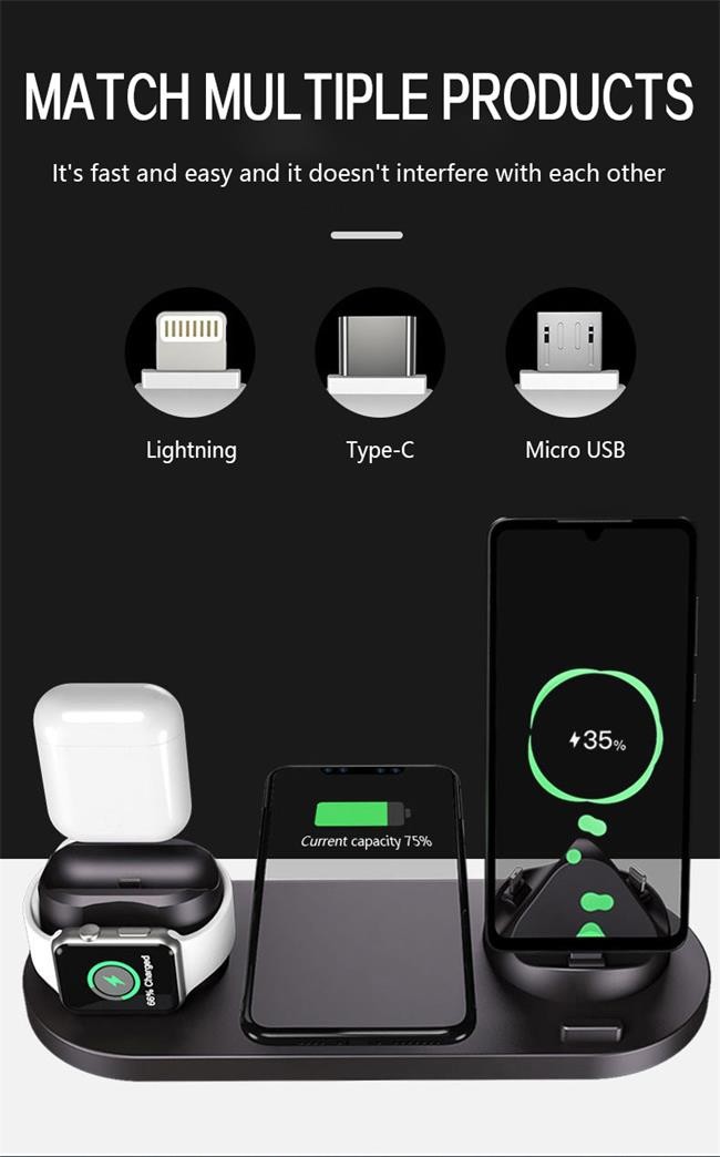 Rotating 6 In 1 Wireless Charging Station 5V 2A Multi Device Charger For Apple IPhone