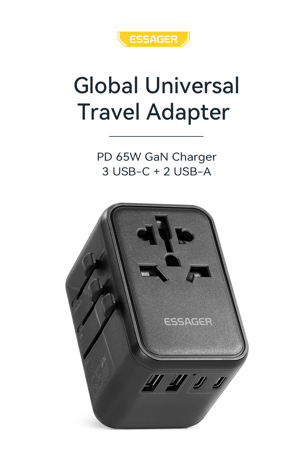 Essager 2023 Travel New Product Phone Accessories Quick Charging 3 USB-C 2 USB-A Portable Travel 65w Charger