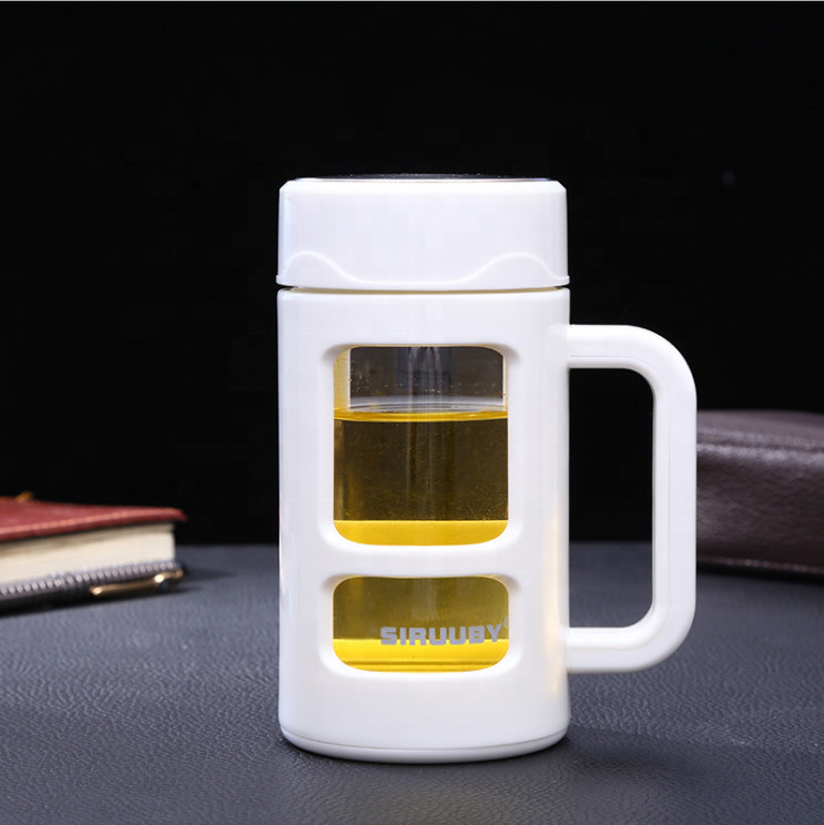 Customized Modern 16oz 450ml Glass Insulated Water Bottle Tea Infuser Glass Water Bottle With Protective Sleeve Case Handle Wide Mouth Large Capacity