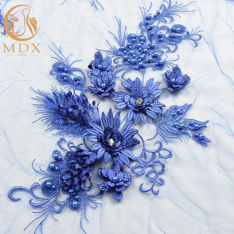 MDX Royal Blue Lace Fabric / Beaded Bridal Lace Intricate Design