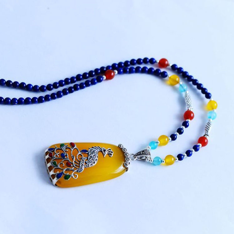 925 Silver Enamel Yellow Chalcedony Pendant Lapis Lazuli Beads Strand Necklace (XH057272)
