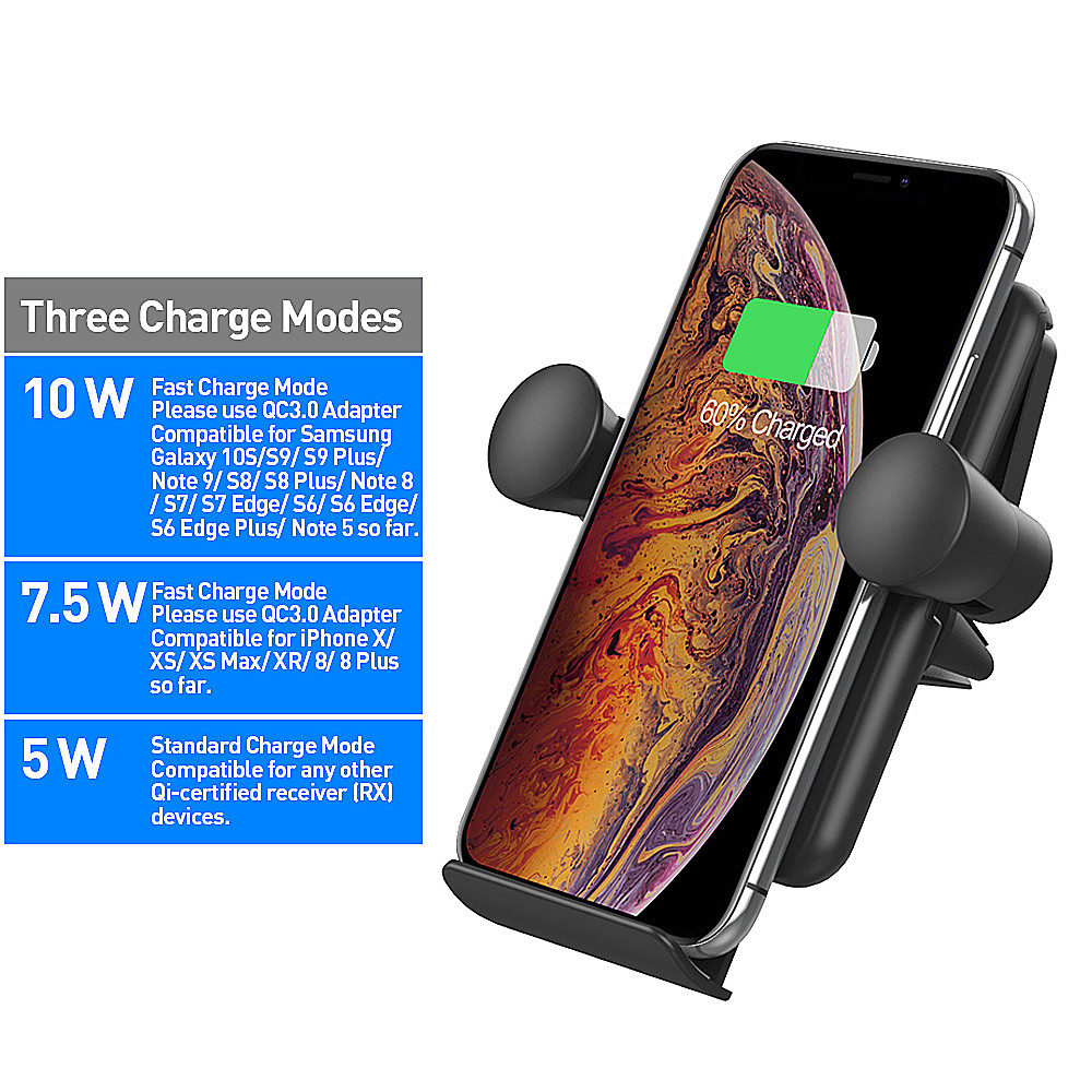 ABS 10W Car Mount Qi Wireless Charger FCC With Air Vent Clip