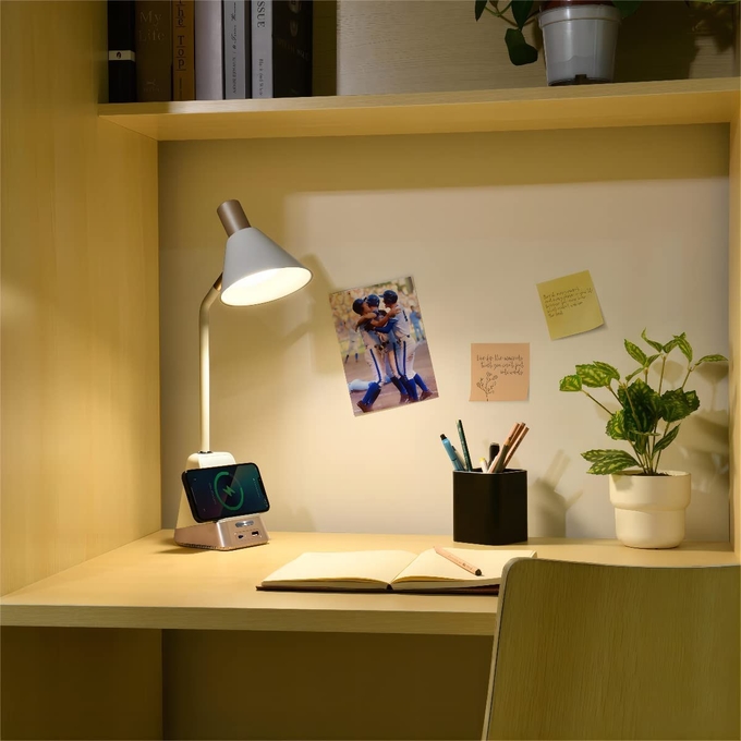 Desk Lamp with USB Charging Port & Type C Outlet for Devices Charging Warm Lights Desk Table Lamps with Wireless Charger