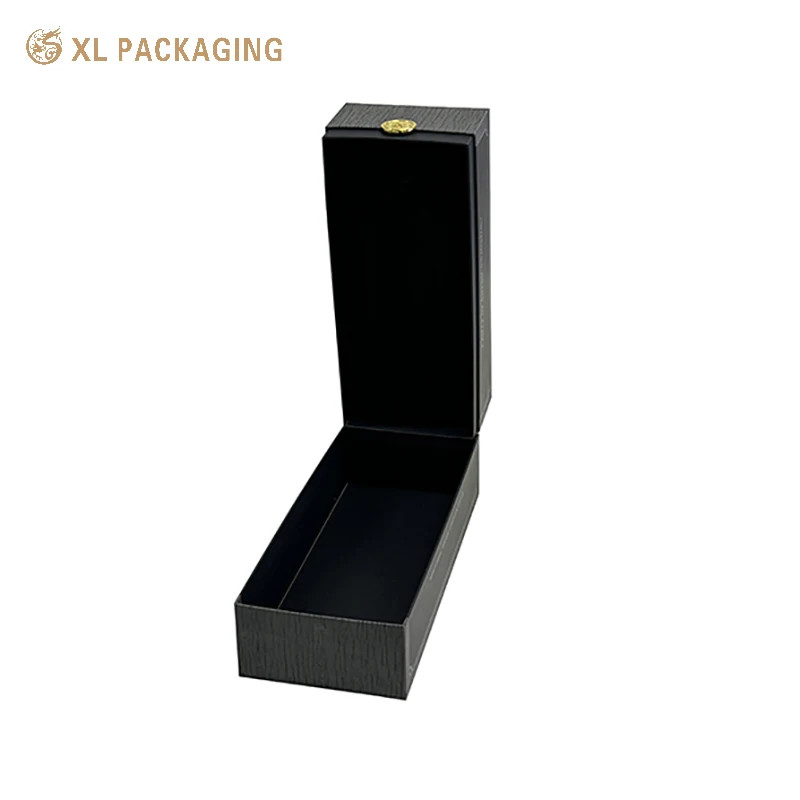 Black Wine Paper Box Foil Stamped Logo Wine Gift Box Packaging Gold Metal Nameplate and EVA Inner Support Elegant Packaging for Wine Gifts