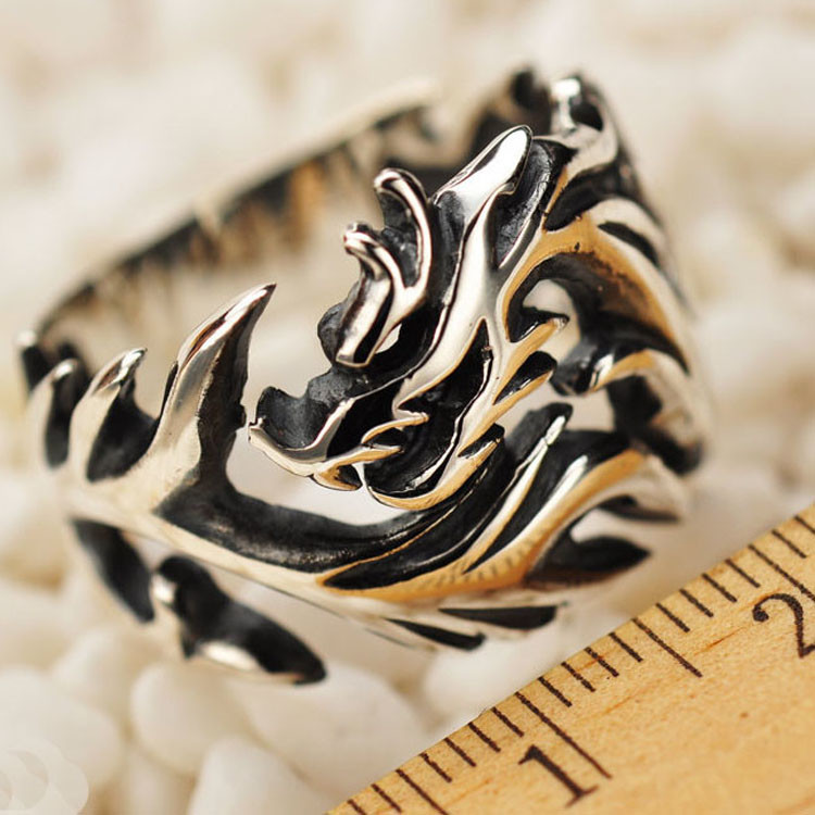 Mens 925 Sterling Silver Band Ring Retro Vintage Dragon Style Ring (XH036317)