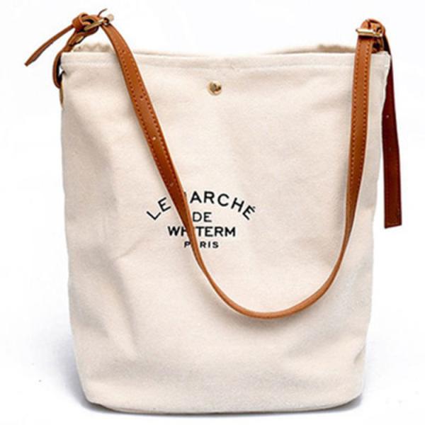 Supermarket Custom Logo Cotton Canvas Tote Shoulder Bags with Brown Leather