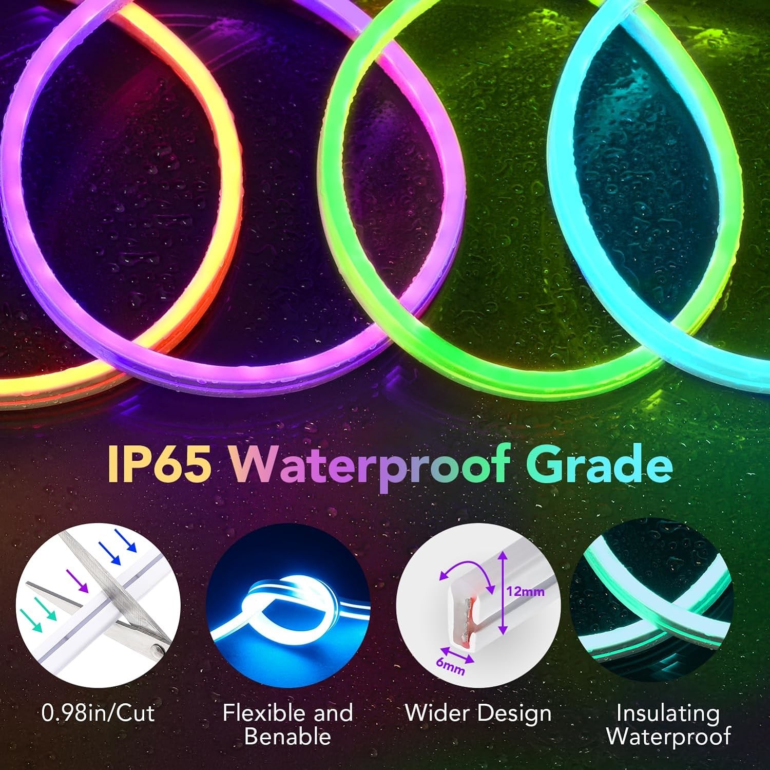 Neon Rope Lights, 16.4ft RGB Flexible Multi Color Rope Lights with Music Sync, Bluetooth APP Control, Neon Light